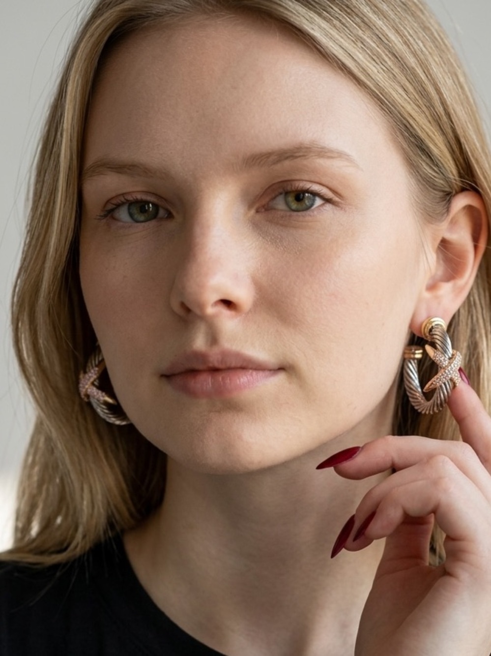 Two-Tone Gold X Pavé Hoop Earrings - Picture 3 of 7